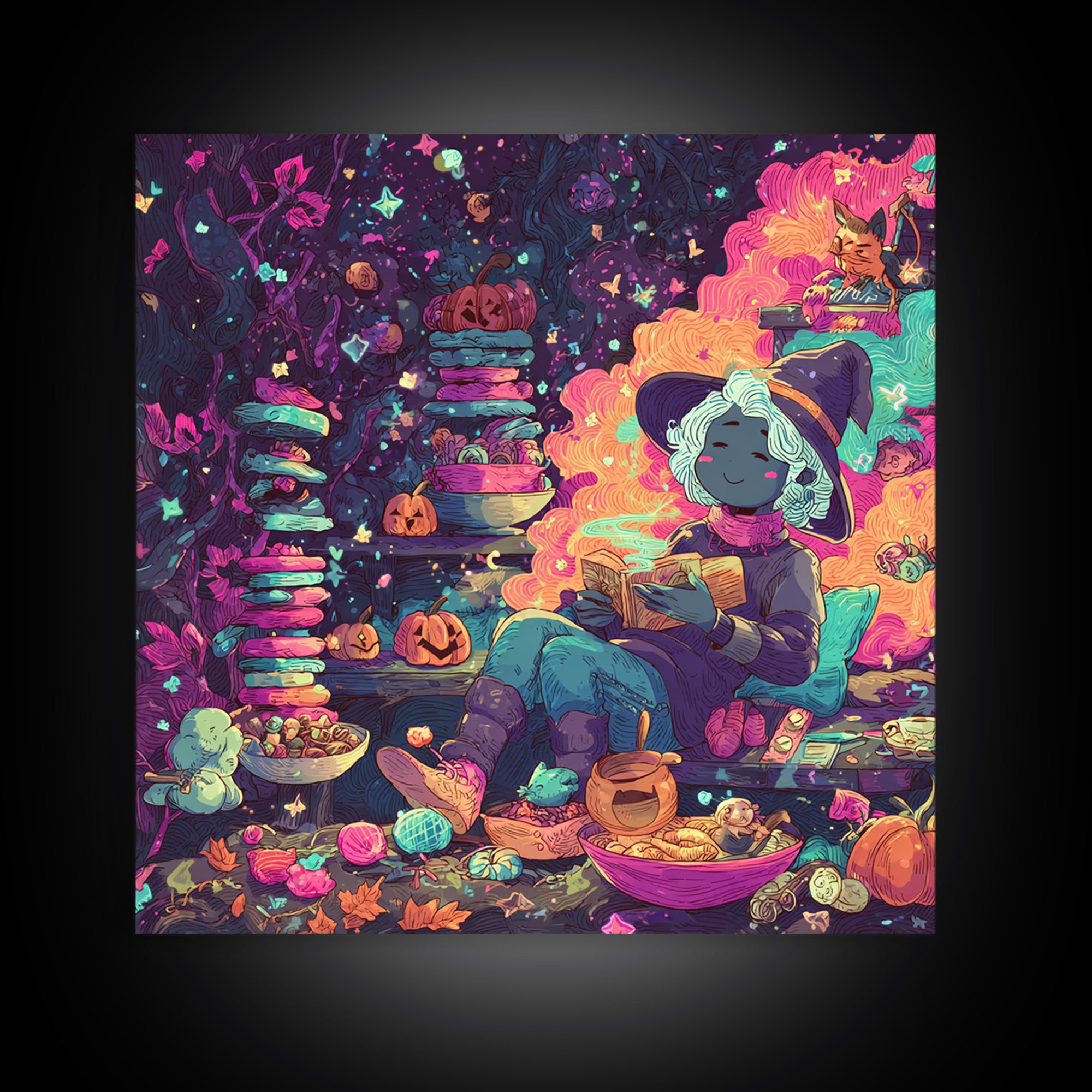 The Candy Witch'S Kitchen, Retro Neon Halloween Art, Square Wall Art, Canvas Print, Retro Halloween Decor, Neon Wall Art, Macabre Wall Art