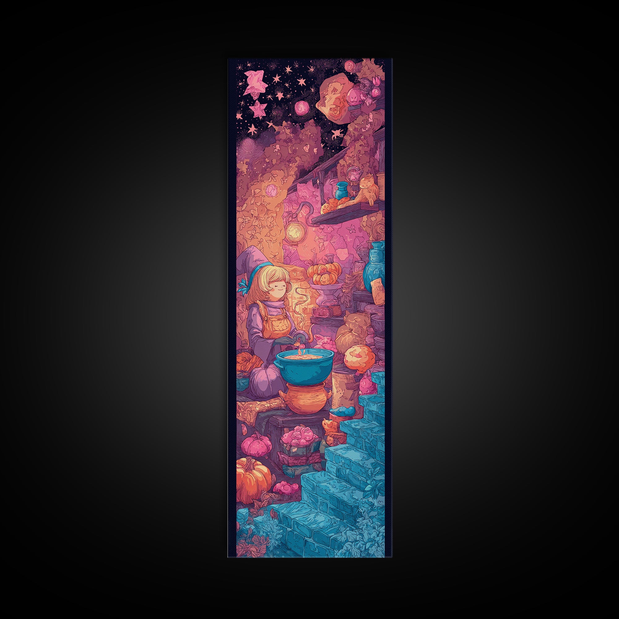 The Candy Witch'S Kitchen, Vaporwave Halloween Decor, Tall Narrow Wall Art, Framed Canvas Print, Retro Halloween Decor, Neon Wall Art