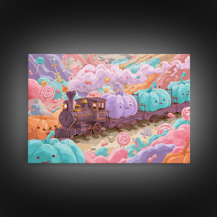 The Chocolate Pumpkin Train, 80s Halloween Wall Art, Landscape Wall Art, Framed Canvas Print, Retro Halloween Decor, Neon Wall Art