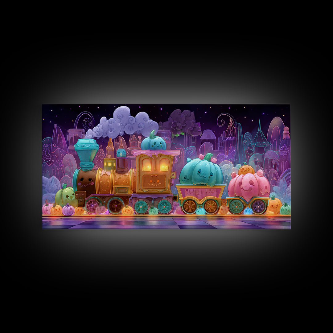 The Chocolate Pumpkin Train, 80s Halloween Wall Art, Wide Panoramic Art, Canvas Print, Retro Halloween Decor, Neon Wall Art