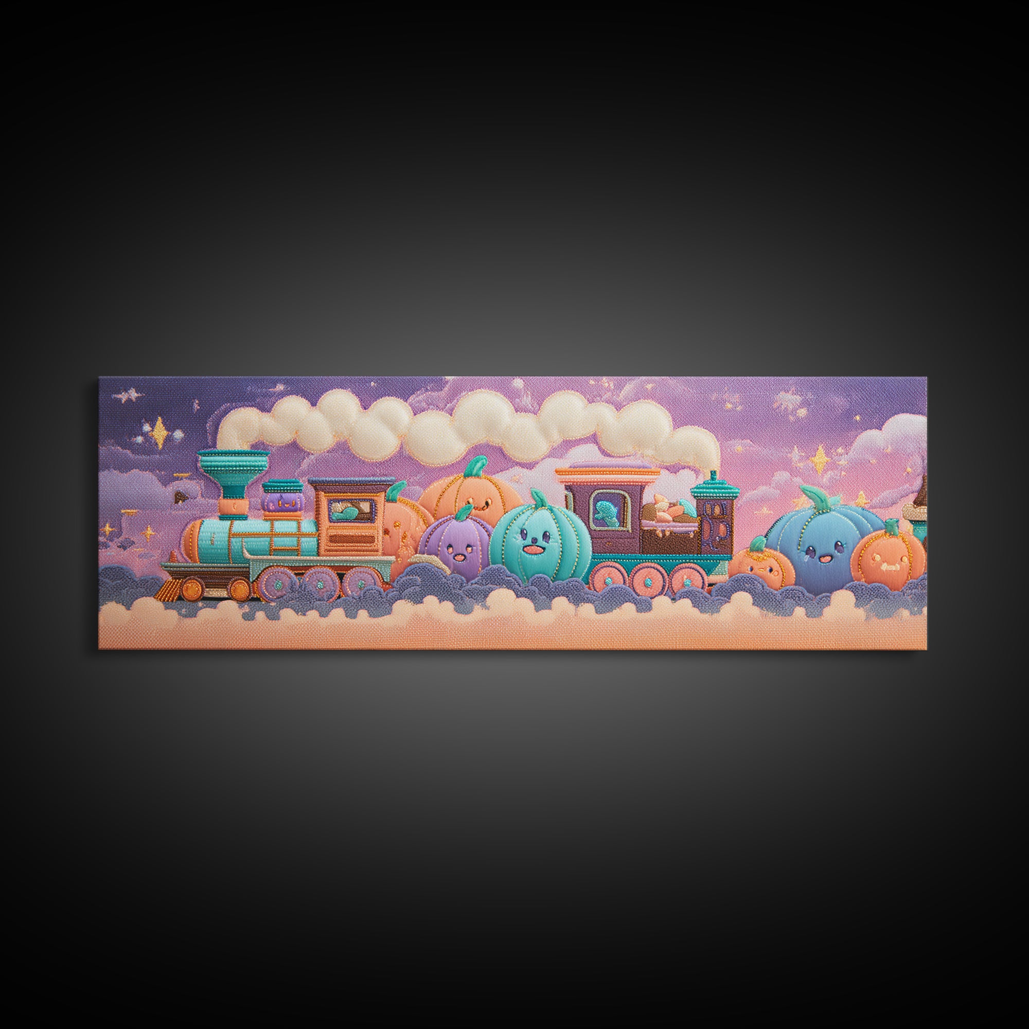 The Chocolate Pumpkin Train, 80s Halloween Wall Art, Extra Wide Wall Art, Framed Canvas Print, Retro Halloween Decor, Neon Wall Art