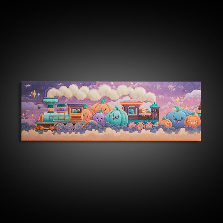 The Chocolate Pumpkin Train, 80s Halloween Wall Art, Extra Wide Wall Art, Framed Canvas Print, Retro Halloween Decor, Neon Wall Art