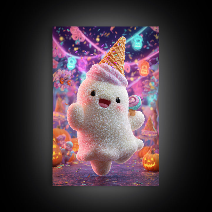The Ice-Cream Ghost Parade, 80s Halloween Wall Art, Vertical Wall Art, Canvas Print, Retro Halloween Decor, Neon Wall Art, Dark Fantasy Art