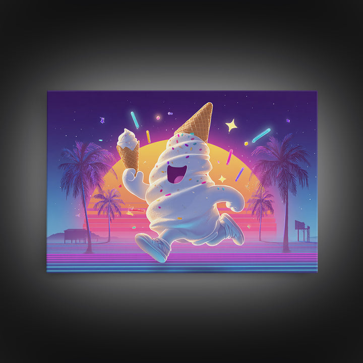 The Ice-Cream Ghost Parade, Cute Spooky Neon Art, Landscape Wall Art, Canvas Print, Retro Halloween Decor, Neon Wall Art, Spooky Wall Decor