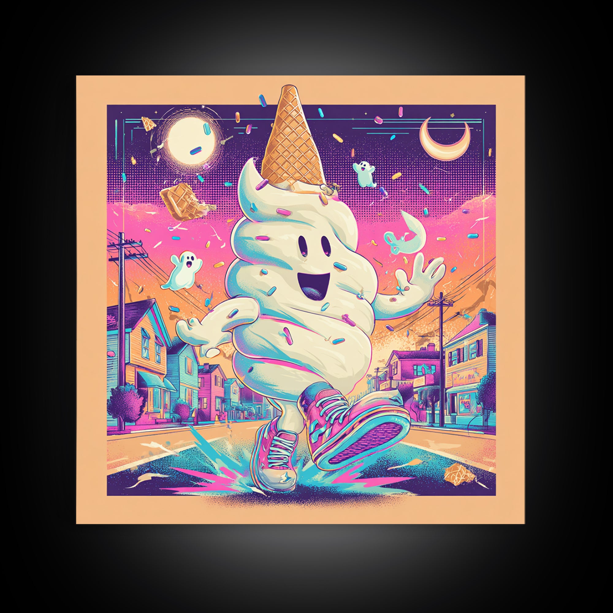 The Ice-Cream Ghost Parade, Vaporwave Halloween Decor, Square Wall Art, Canvas Print, Retro Halloween Decor, Neon Wall Art