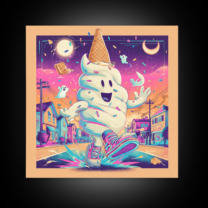The Ice-Cream Ghost Parade, Vaporwave Halloween Decor, Square Wall Art, Canvas Print, Retro Halloween Decor, Neon Wall Art