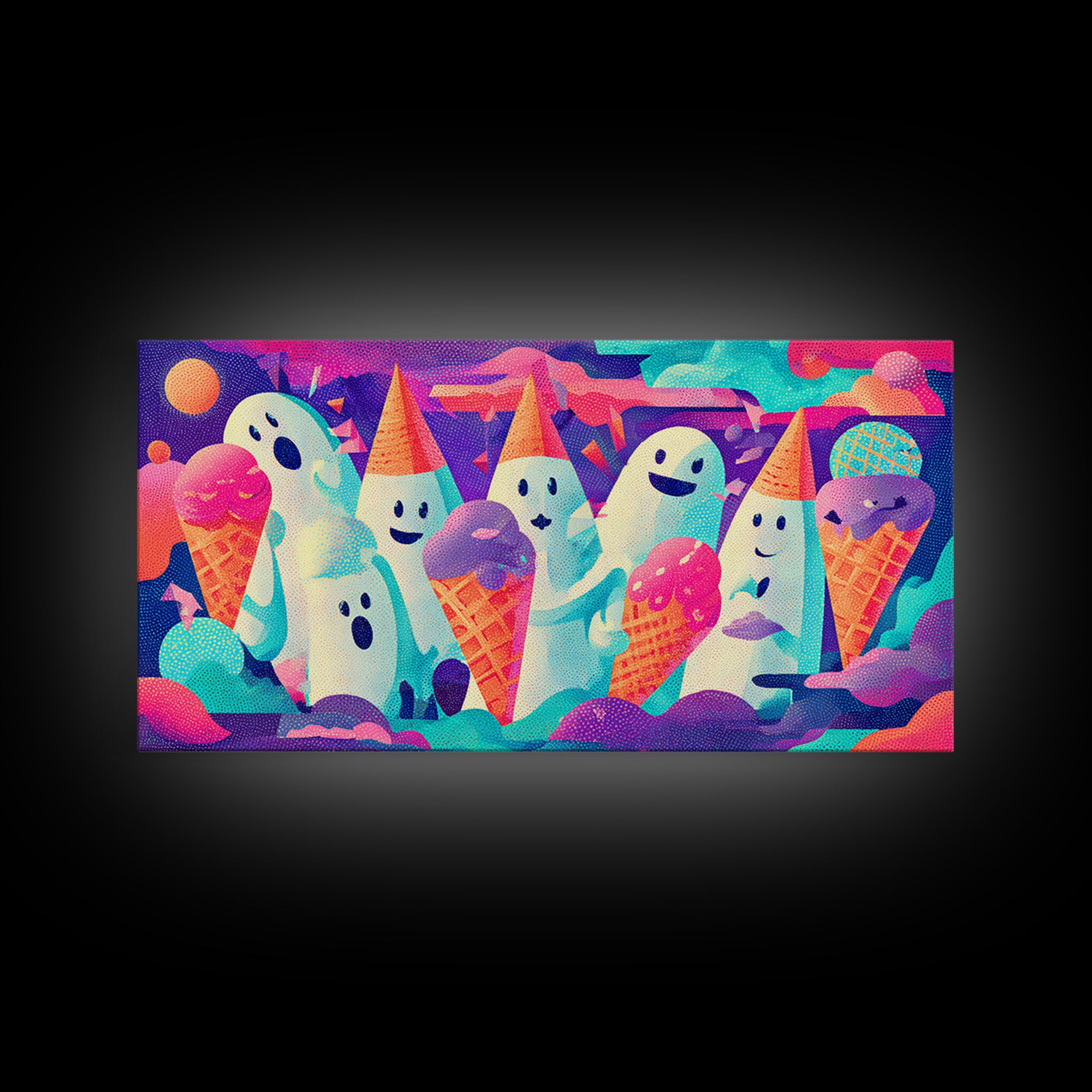 The Ice-Cream Ghost Parade, Vaporwave Halloween Decor, Wide Panoramic Art, Framed Canvas Print, Retro Halloween Decor, Neon Wall Art