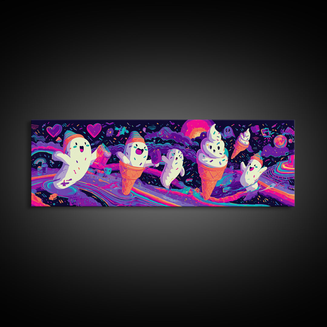 The Ice-Cream Ghost Parade, Retro Neon Halloween Art, Extra Wide Wall Art, Framed Canvas Print, Retro Halloween Decor, Neon Wall Art