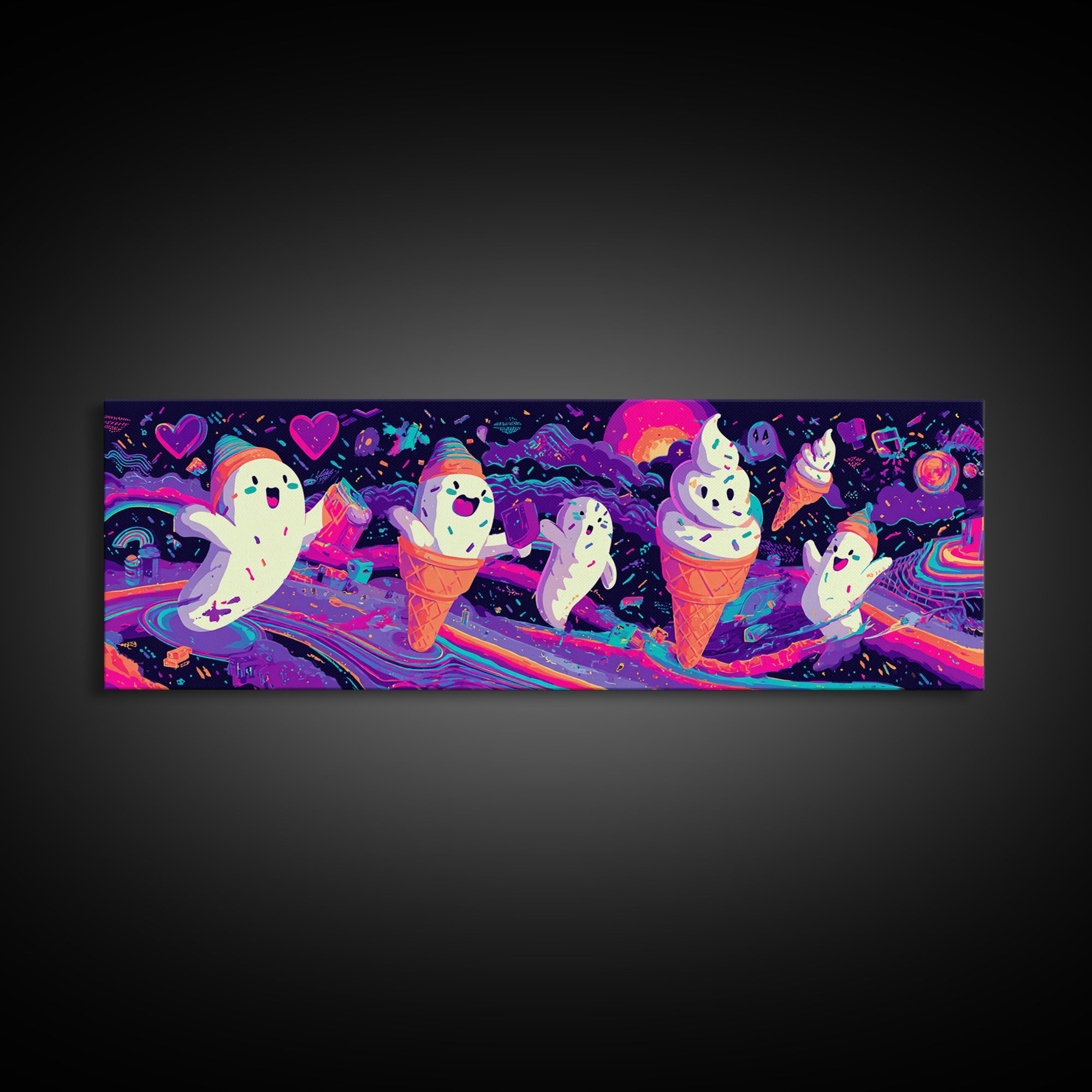 The Ice-Cream Ghost Parade, Retro Neon Halloween Art, Extra Wide Wall Art, Framed Canvas Print, Retro Halloween Decor, Neon Wall Art