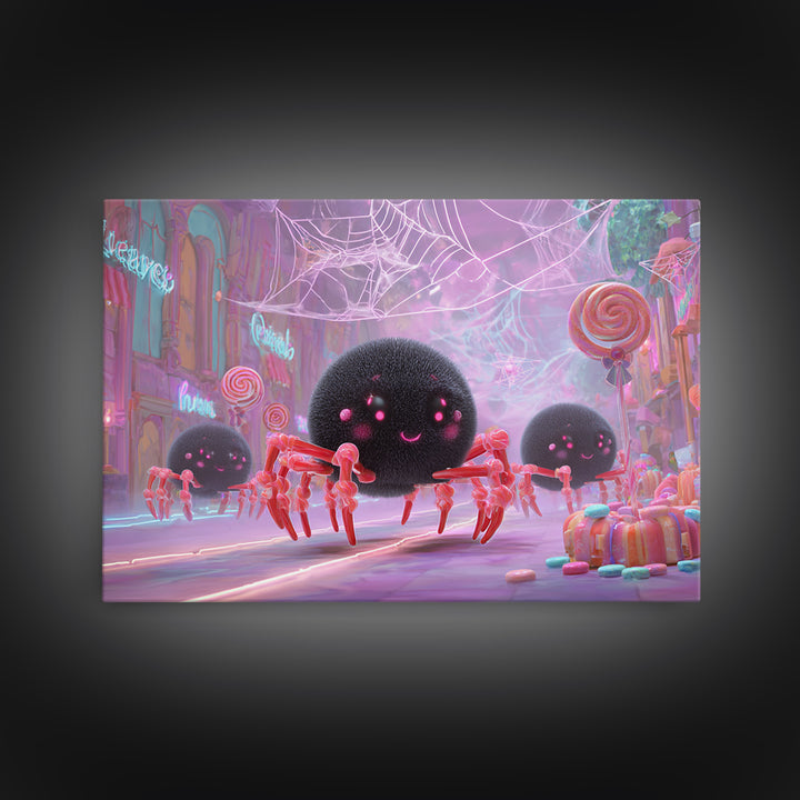 The Licorice Spider Family, Vaporwave Halloween Decor, Landscape Wall Art, Canvas Print, Retro Halloween Decor, Neon Wall Art