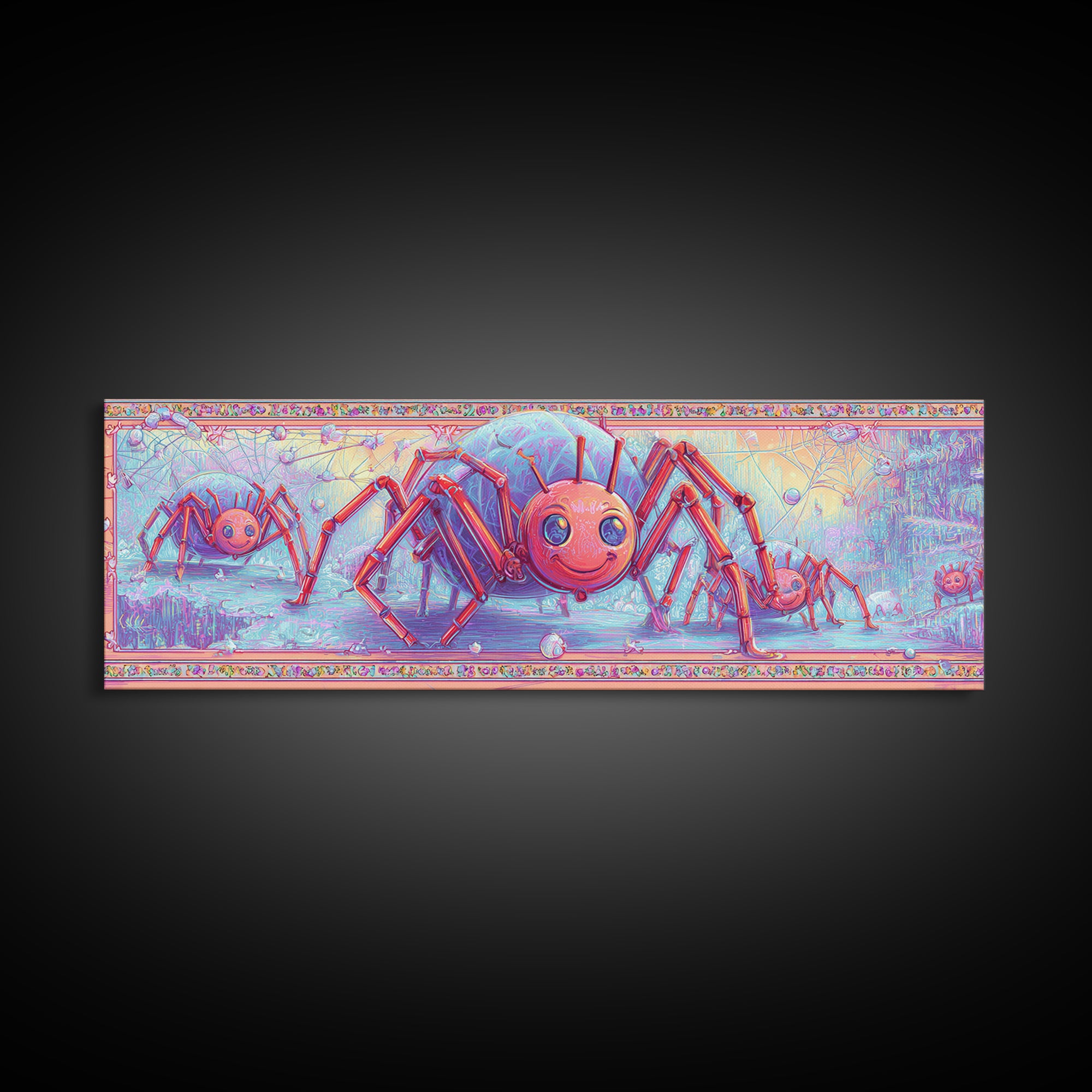 The Licorice Spider Family, Cute Spooky Neon Art, Extra Wide Wall Art, Framed Canvas Print, Retro Halloween Decor, Neon Wall Art