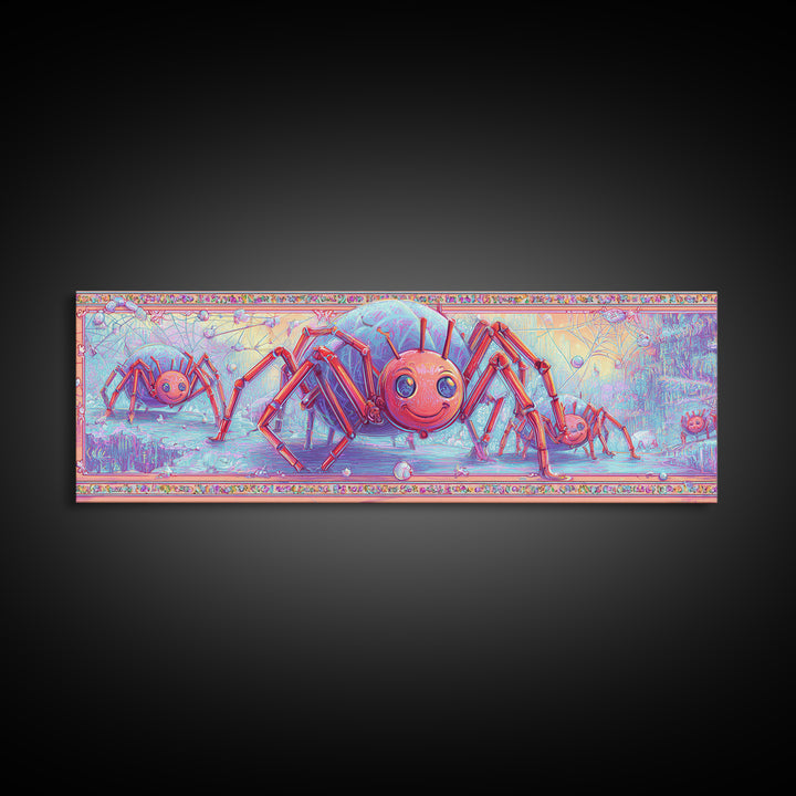 The Licorice Spider Family, Cute Spooky Neon Art, Extra Wide Wall Art, Framed Canvas Print, Retro Halloween Decor, Neon Wall Art