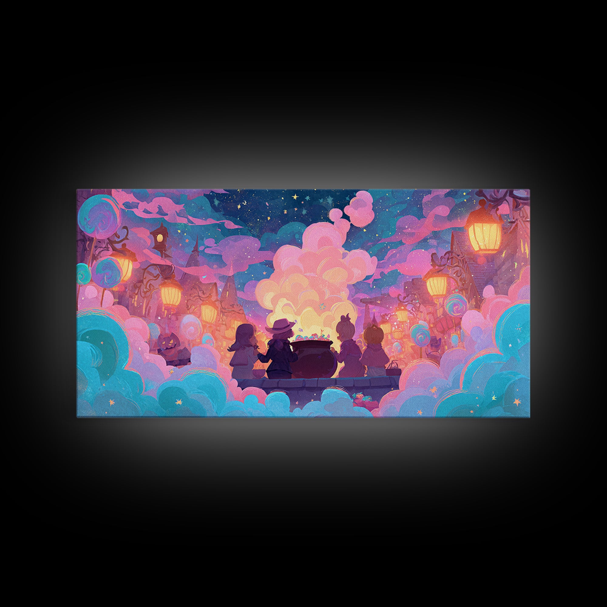 The Cotton-Candy Cauldron, Retro Neon Halloween Art, Wide Panoramic Art, Canvas Print, Retro Halloween Decor, Neon Wall Art