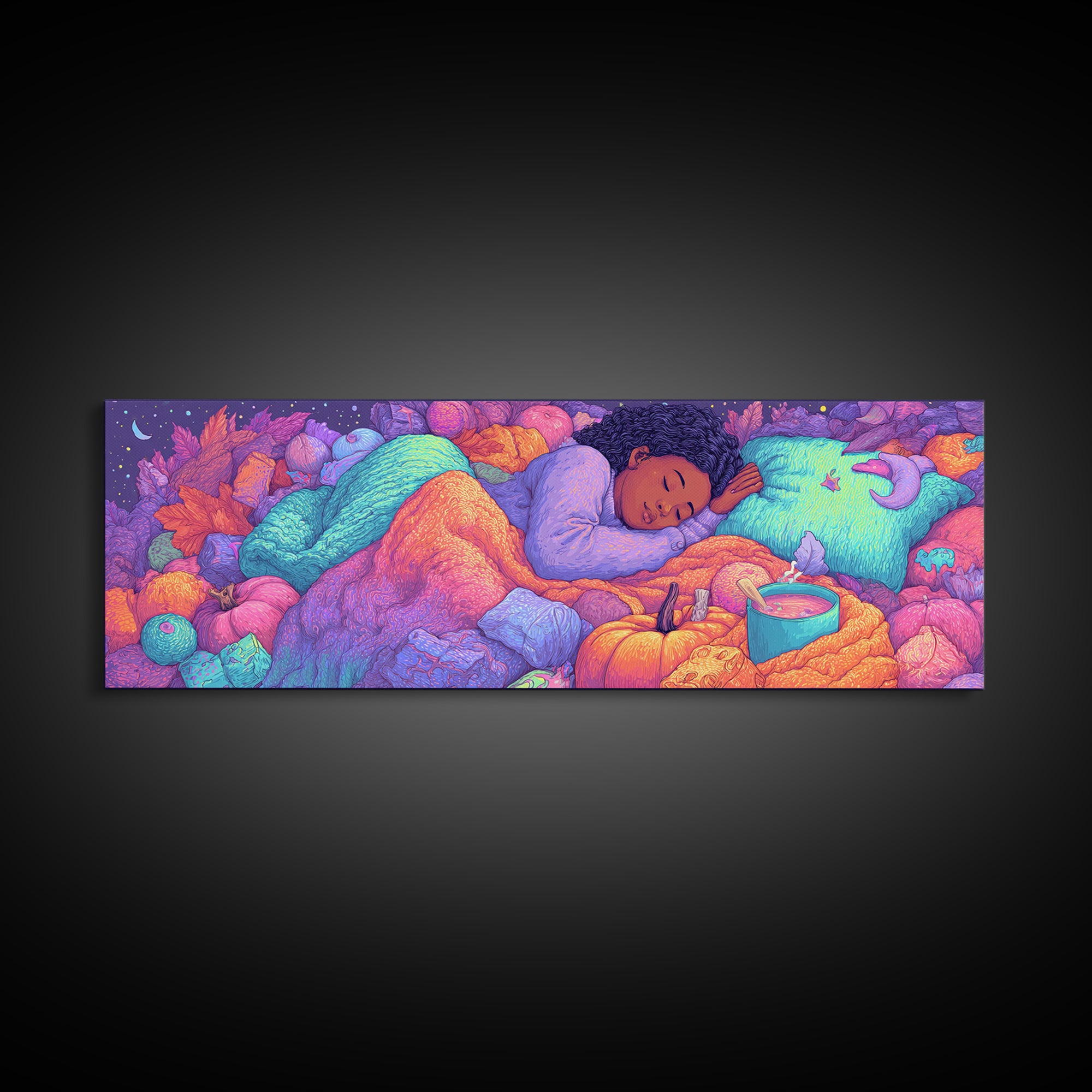 The Candy Basket Sleepover, Synthwave Halloween Art, Extra Wide Wall Art, Canvas Print, Retro Halloween Decor, Neon Wall Art