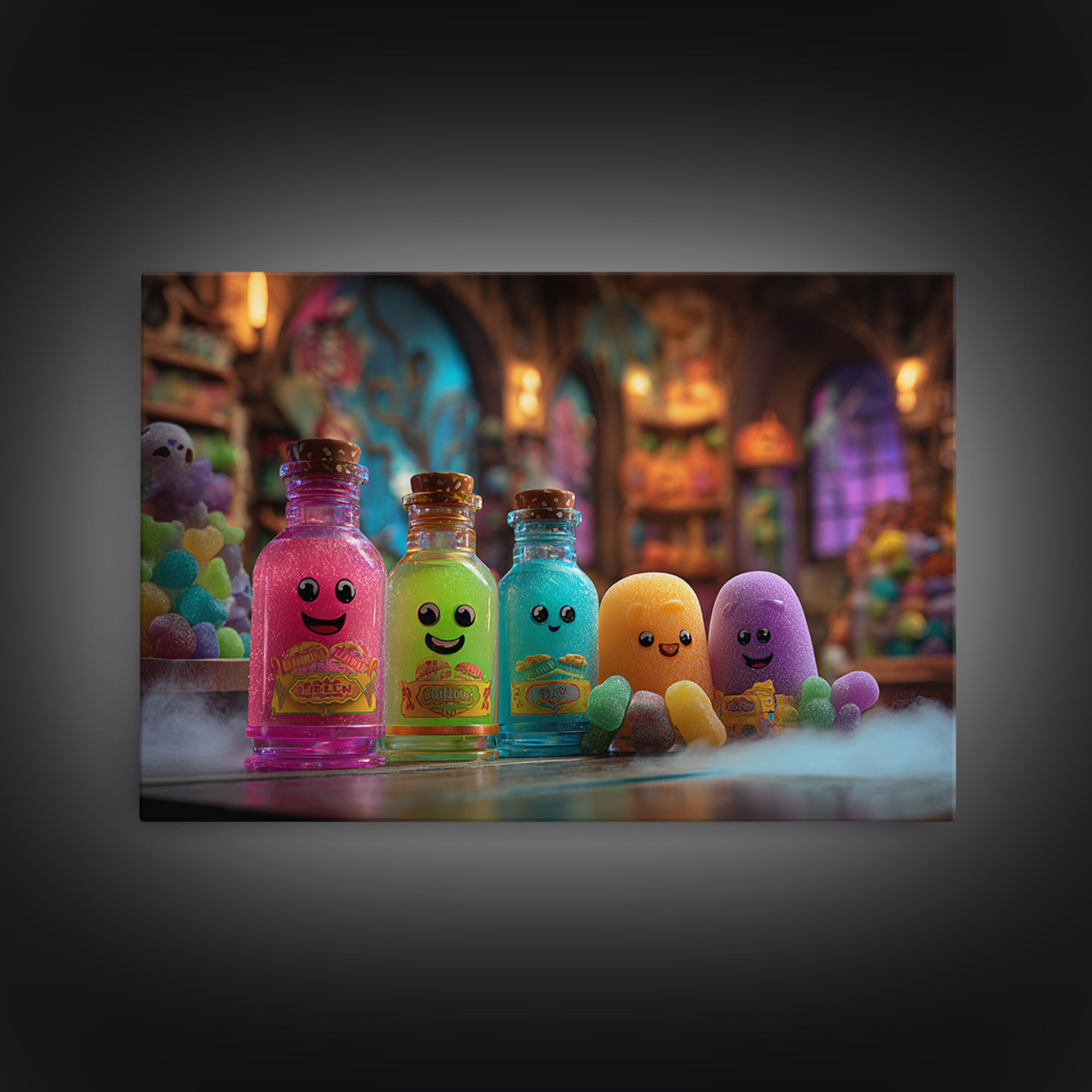 The Jellybean Potion Shop, Retro Neon Halloween Art, Landscape Wall Art, Canvas Print, Retro Halloween Decor, Neon Wall Art