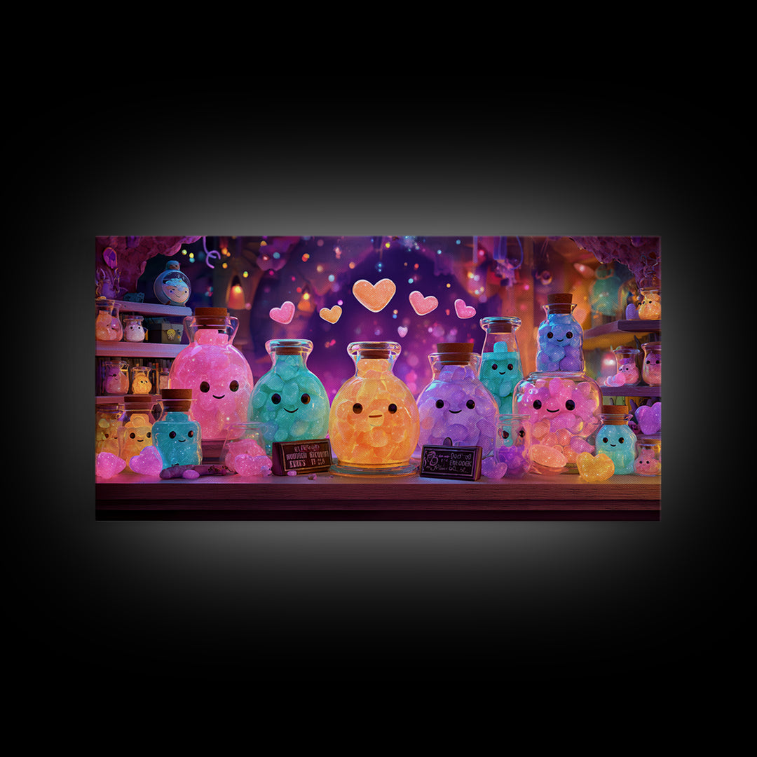 The Jellybean Potion Shop, Cute Spooky Neon Art, Wide Panoramic Art, Canvas Print, Retro Halloween Decor, Neon Wall Art, Statement Wall Art