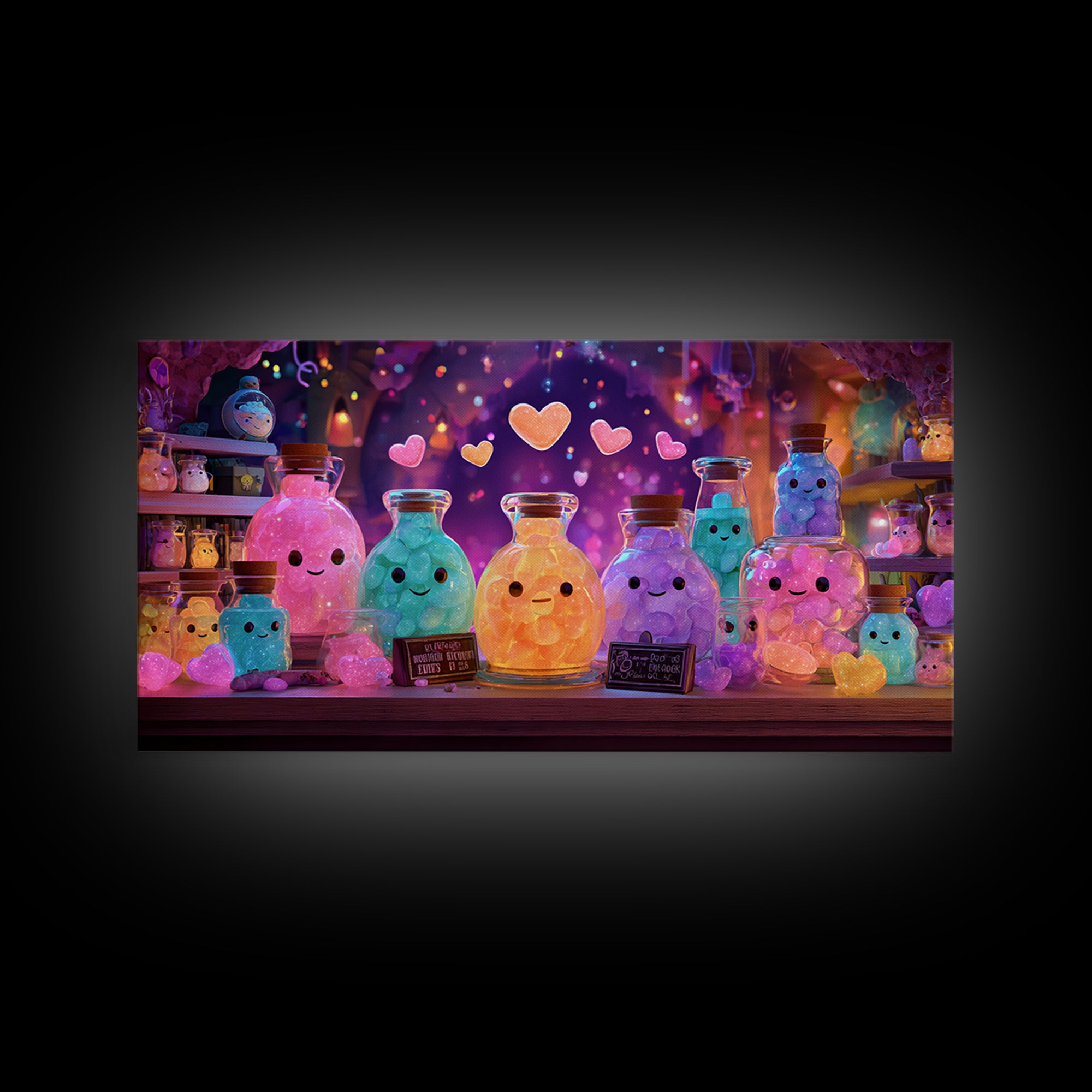 The Jellybean Potion Shop, Cute Spooky Neon Art, Wide Panoramic Art, Canvas Print, Retro Halloween Decor, Neon Wall Art, Statement Wall Art