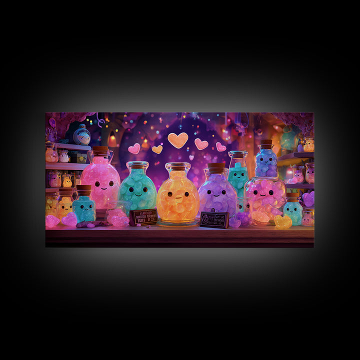 The Jellybean Potion Shop, Cute Spooky Neon Art, Wide Panoramic Art, Canvas Print, Retro Halloween Decor, Neon Wall Art, Statement Wall Art