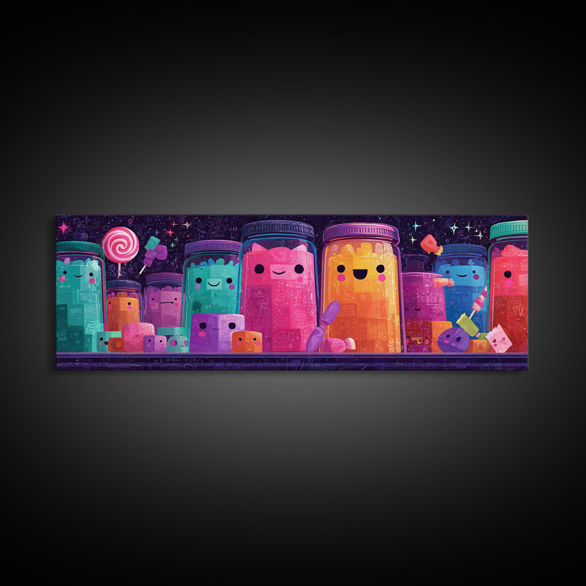 The Jellybean Potion Shop, Cute Spooky Neon Art, Extra Wide Wall Art, Canvas Print, Retro Halloween Decor, Neon Wall Art, Horror Wall Art