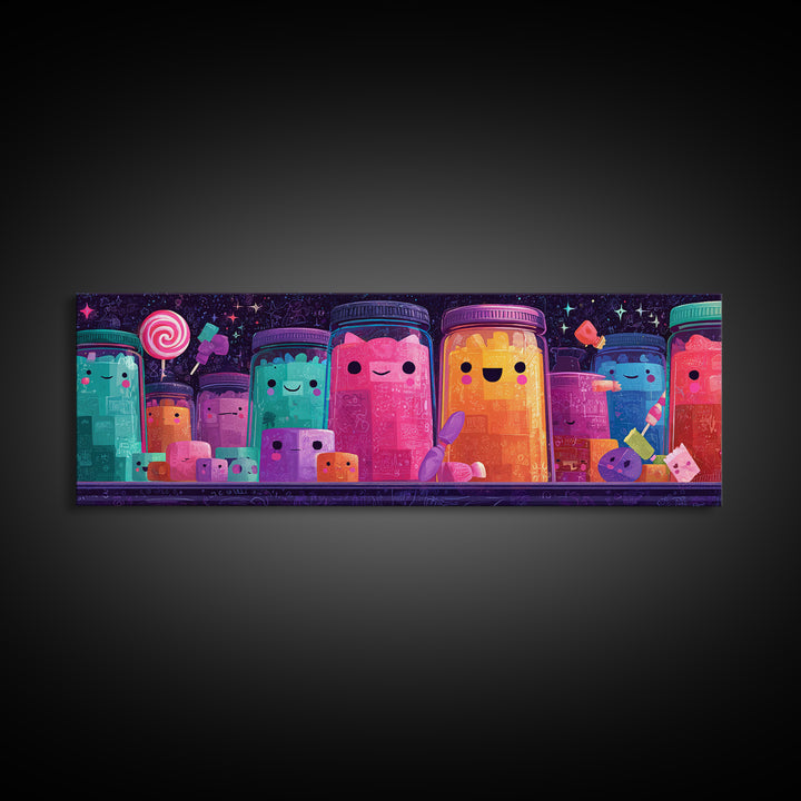 The Jellybean Potion Shop, Cute Spooky Neon Art, Extra Wide Wall Art, Canvas Print, Retro Halloween Decor, Neon Wall Art, Horror Wall Art
