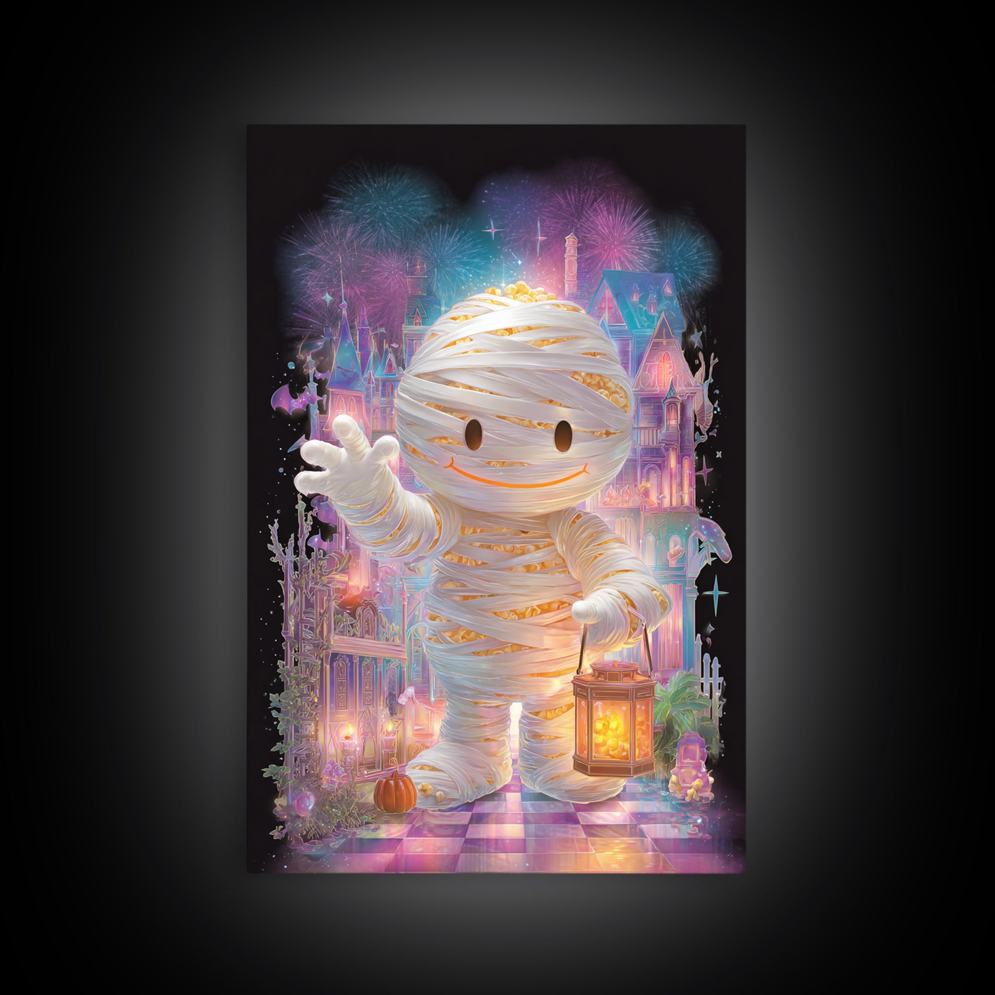The Popcorn Mummy, Cute Spooky Neon Art, Vertical Wall Art, Framed Canvas Print, Retro Halloween Decor, Neon Wall Art, Spooky Wall Decor