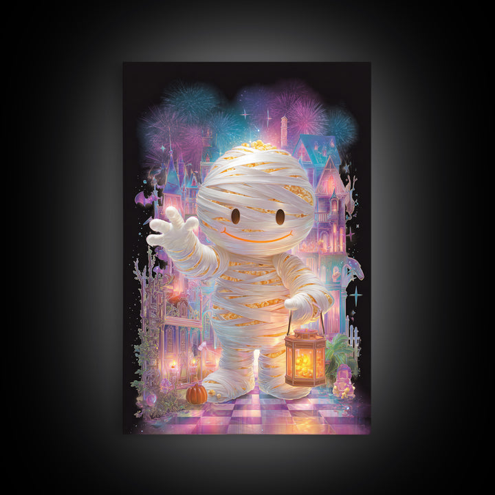 The Popcorn Mummy, Cute Spooky Neon Art, Vertical Wall Art, Framed Canvas Print, Retro Halloween Decor, Neon Wall Art, Spooky Wall Decor