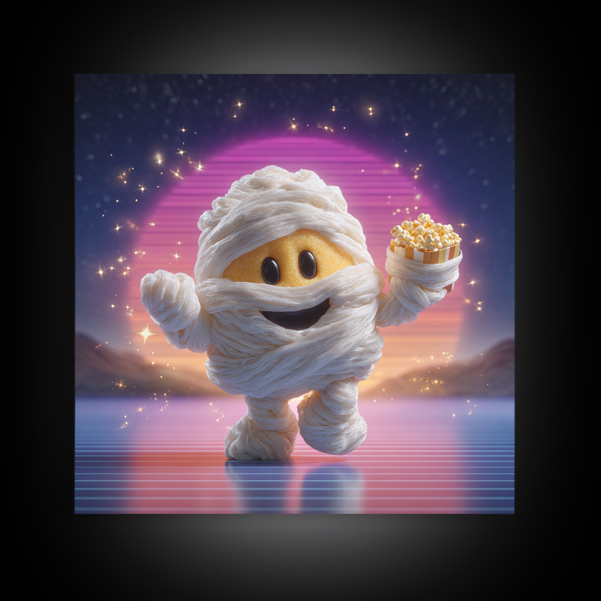 The Popcorn Mummy, 80s Halloween Wall Art, Square Wall Art, Canvas Print, Retro Halloween Decor, Neon Wall Art, Macabre Wall Art