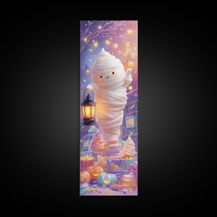 The Popcorn Mummy, Cute Spooky Neon Art, Tall Narrow Wall Art, Canvas Print, Retro Halloween Decor, Neon Wall Art, Dark Fantasy Art