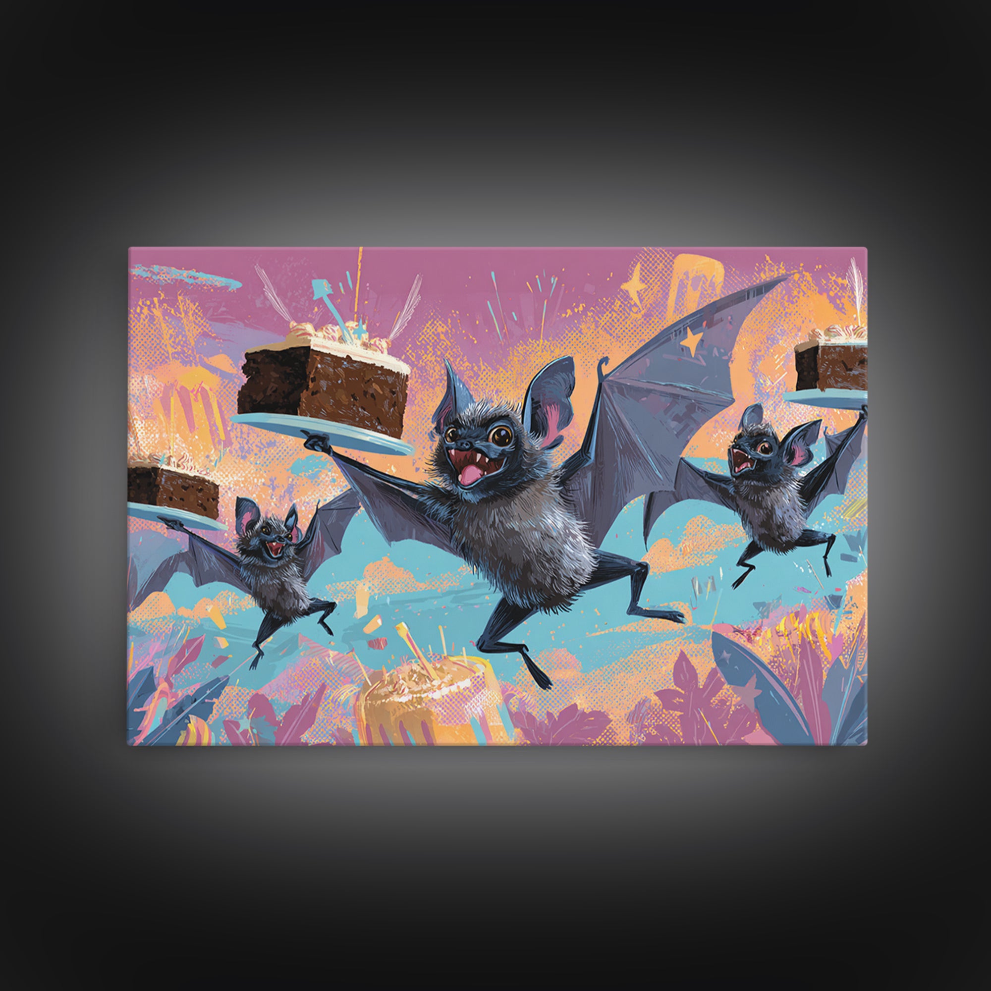 The Brownie Bat Bakery, Synthwave Halloween Art, Landscape Wall Art, Canvas Print, Retro Halloween Decor, Neon Wall Art