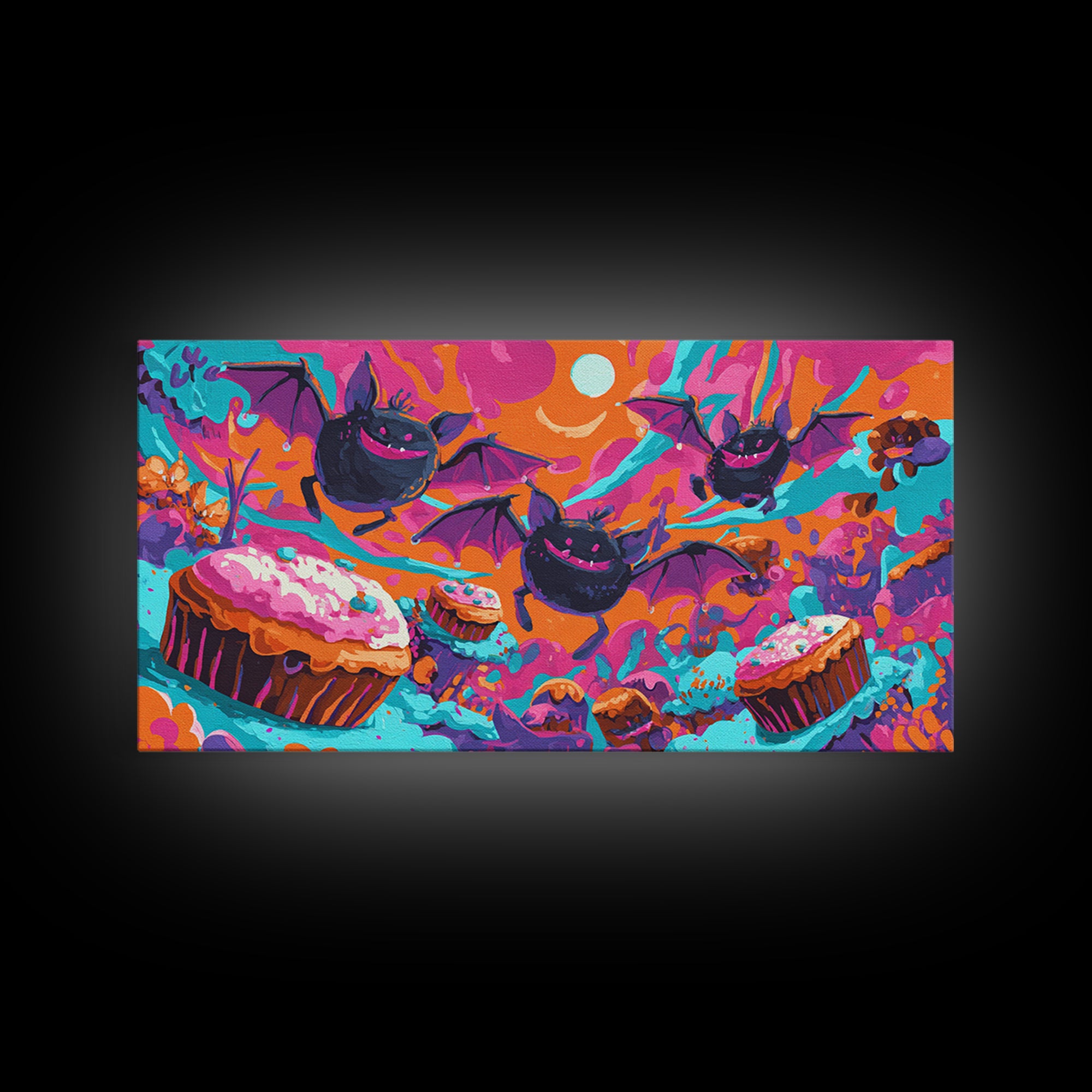 The Brownie Bat Bakery, Cute Spooky Neon Art, Wide Panoramic Art, Framed Canvas Print, Retro Halloween Decor, Neon Wall Art