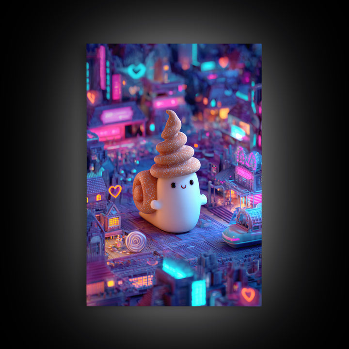 The Cinnamon-Roll Snail Witch, Retro Neon Halloween Art, Vertical Wall Art, Framed Canvas Print, Retro Halloween Decor, Neon Wall Art