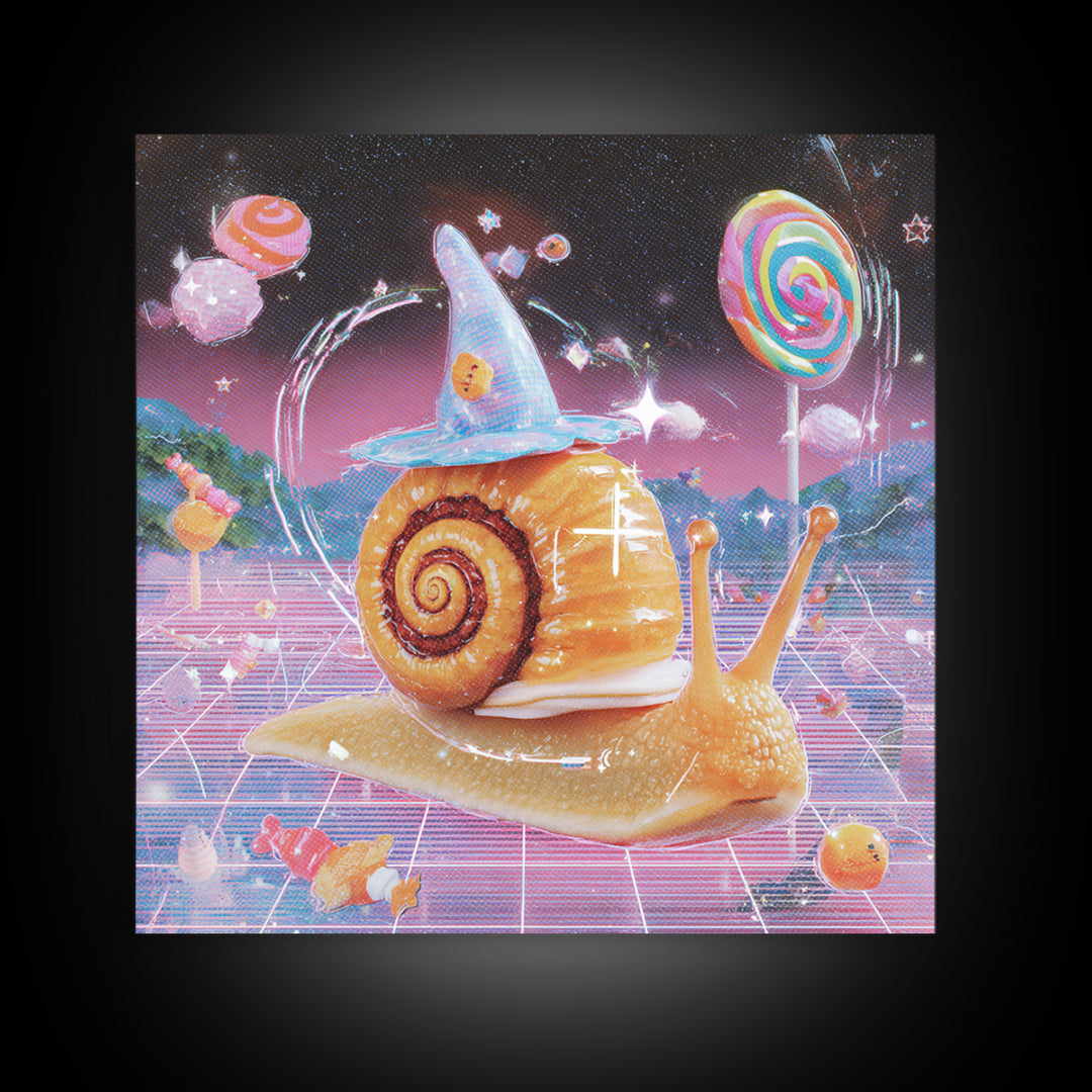 The Cinnamon-Roll Snail Witch, Cute Spooky Neon Art, Square Wall Art, Canvas Print, Retro Halloween Decor, Neon Wall Art