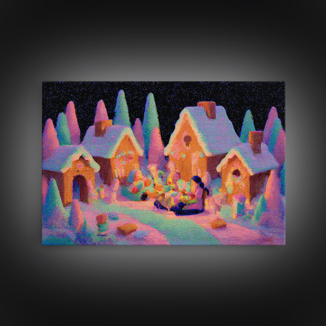 The Halloween Gingerbread Village, 80s Halloween Wall Art, Landscape Wall Art, Framed Canvas Print, Retro Halloween Decor, Neon Wall Art