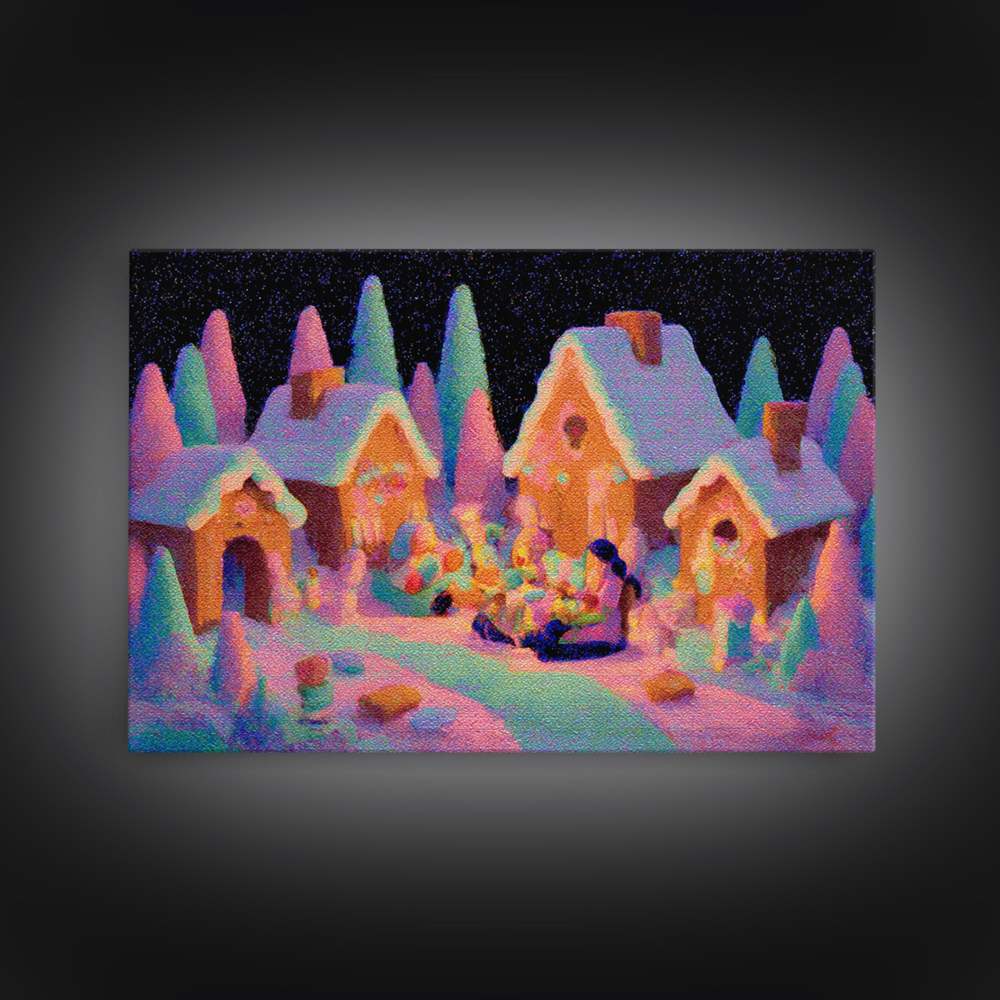 The Halloween Gingerbread Village, 80s Halloween Wall Art, Landscape Wall Art, Framed Canvas Print, Retro Halloween Decor, Neon Wall Art