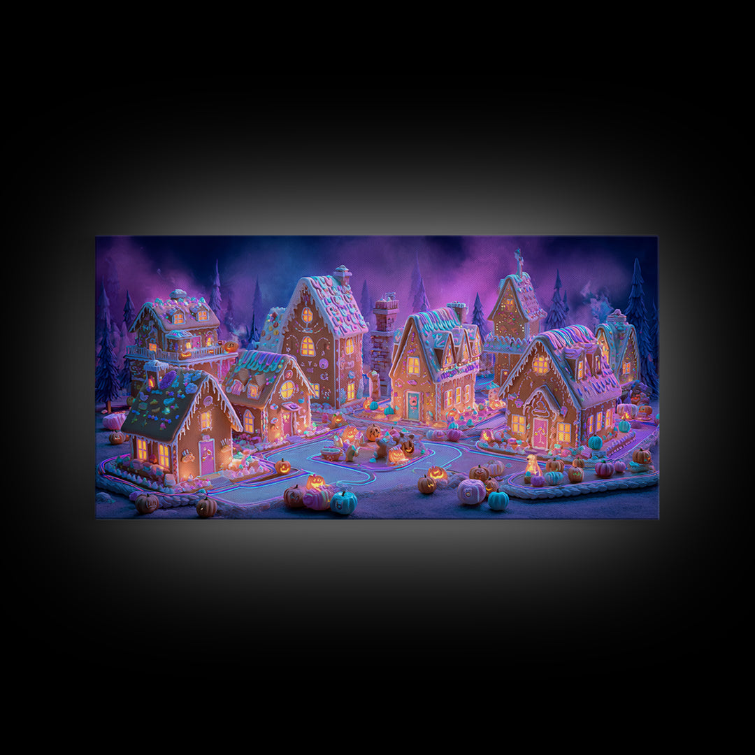 The Halloween Gingerbread Village, Retro Neon Halloween Art, Wide Panoramic Art, Framed Canvas Print, Retro Halloween Decor, Neon Wall Art
