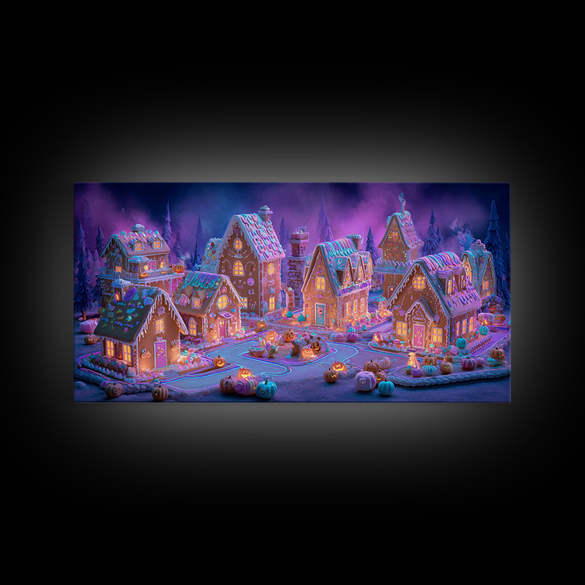 The Halloween Gingerbread Village, Retro Neon Halloween Art, Wide Panoramic Art, Framed Canvas Print, Retro Halloween Decor, Neon Wall Art