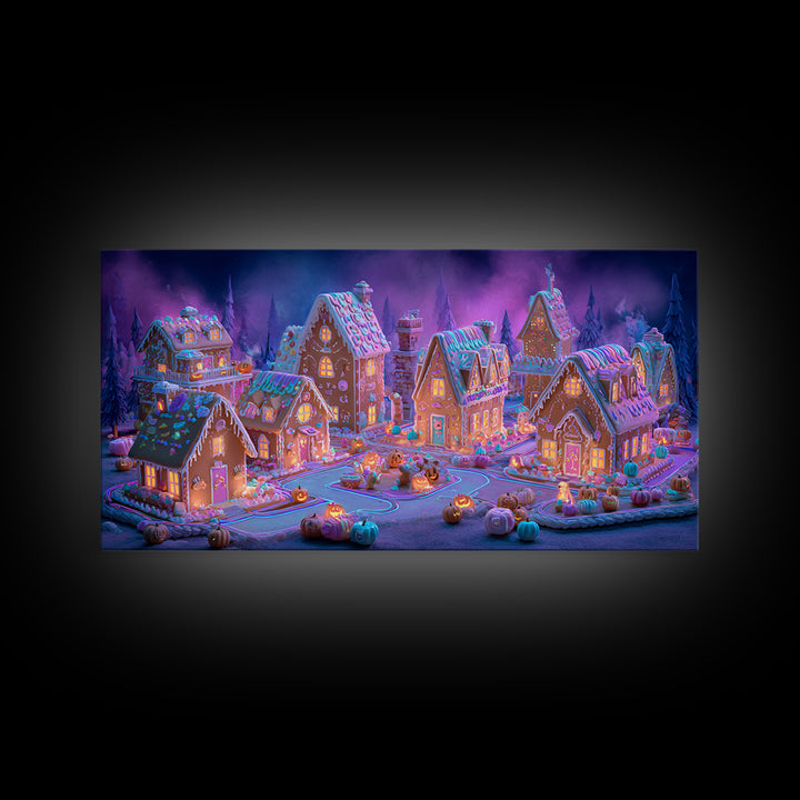 The Halloween Gingerbread Village, Retro Neon Halloween Art, Wide Panoramic Art, Framed Canvas Print, Retro Halloween Decor, Neon Wall Art