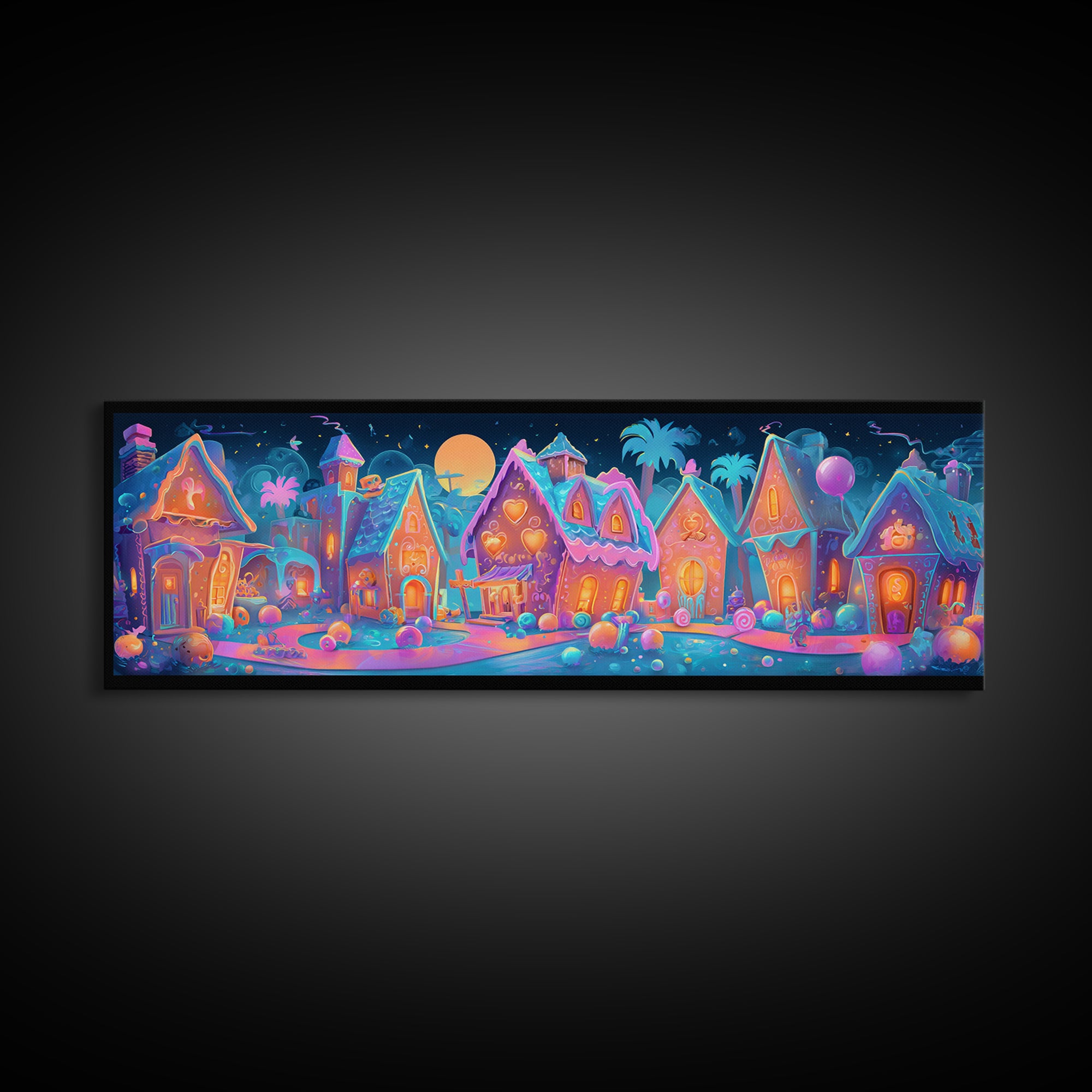The Halloween Gingerbread Village, Retro Neon Halloween Art, Extra Wide Wall Art, Framed Canvas Print, Retro Halloween Decor, Neon Wall Art