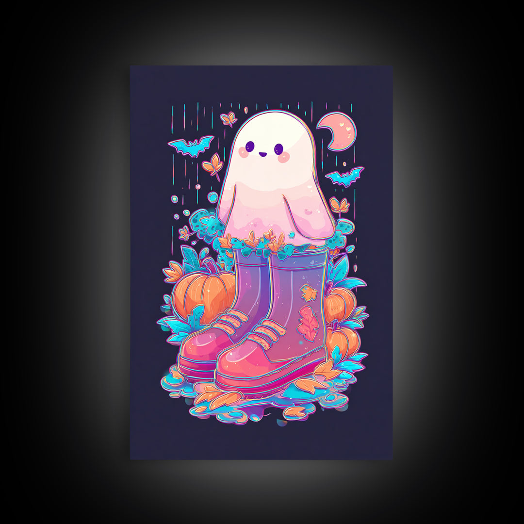 The Ghost In Rain Boots, Synthwave Halloween Art, Vertical Wall Art, Canvas Print, Retro Halloween Decor, Neon Wall Art