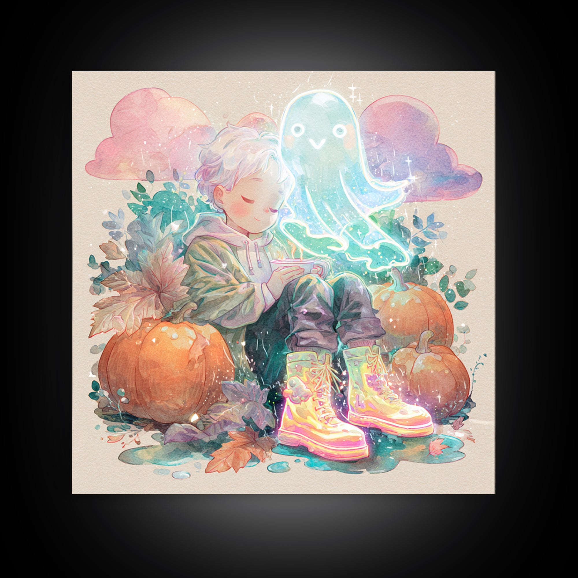 The Ghost In Rain Boots, Cute Spooky Neon Art, Square Wall Art, Framed Canvas Print, Retro Halloween Decor, Neon Wall Art