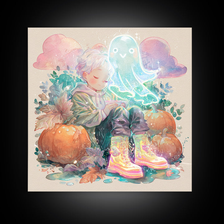 The Ghost In Rain Boots, Cute Spooky Neon Art, Square Wall Art, Framed Canvas Print, Retro Halloween Decor, Neon Wall Art