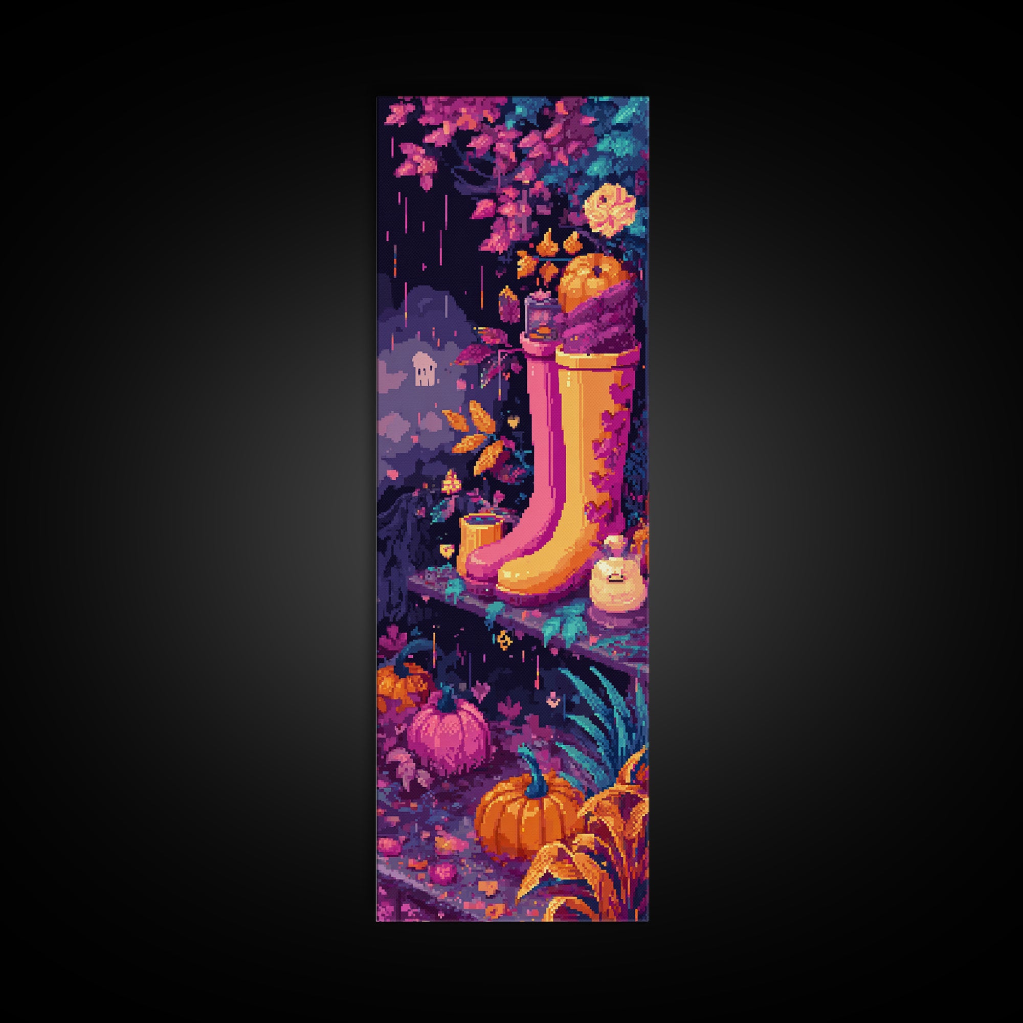 The Ghost In Rain Boots, Retro Neon Halloween Art, Tall Narrow Wall Art, Canvas Print, Retro Halloween Decor, Neon Wall Art