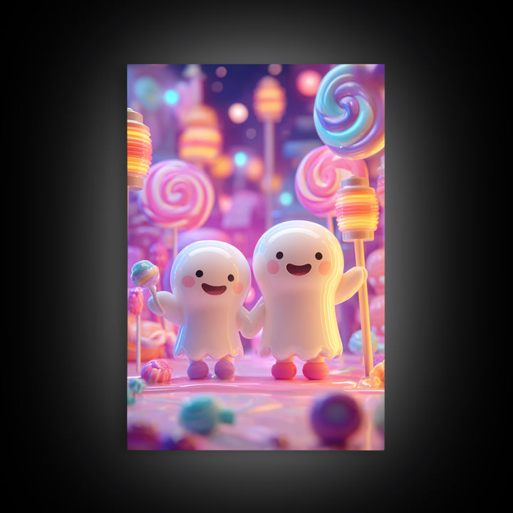 The Ghost Balloon Friend, Cute Spooky Neon Art, Vertical Wall Art, Framed Canvas Print, Retro Halloween Decor, Neon Wall Art
