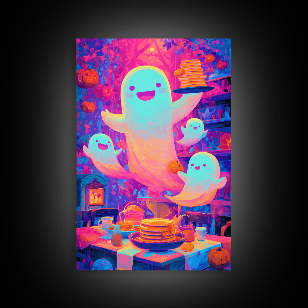 The Ghost Family Breakfast, Synthwave Halloween Art, Vertical Wall Art, Canvas Print, Retro Halloween Decor, Neon Wall Art