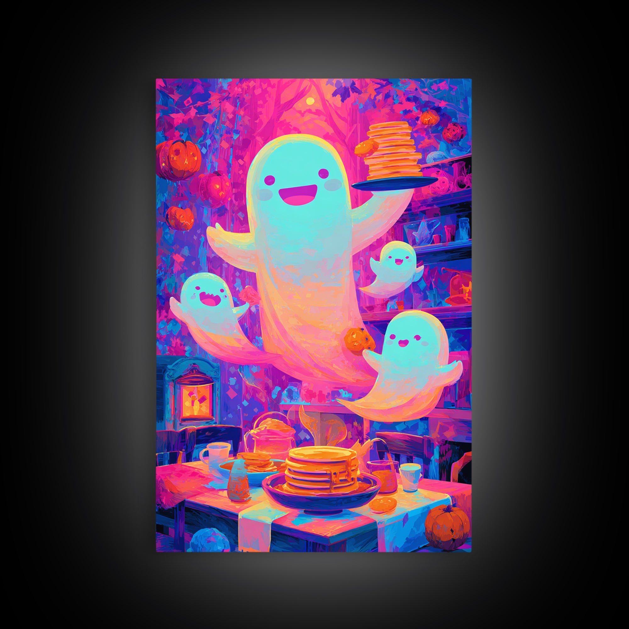 The Ghost Family Breakfast, Synthwave Halloween Art, Vertical Wall Art, Canvas Print, Retro Halloween Decor, Neon Wall Art