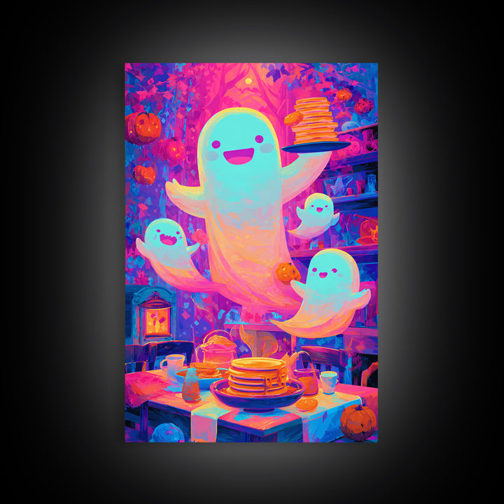 The Ghost Family Breakfast, Synthwave Halloween Art, Vertical Wall Art, Canvas Print, Retro Halloween Decor, Neon Wall Art