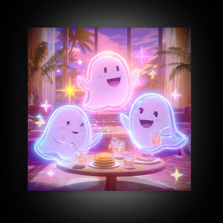 The Ghost Family Breakfast, Retro Neon Halloween Art, Square Wall Art, Framed Canvas Print, Retro Halloween Decor, Neon Wall Art