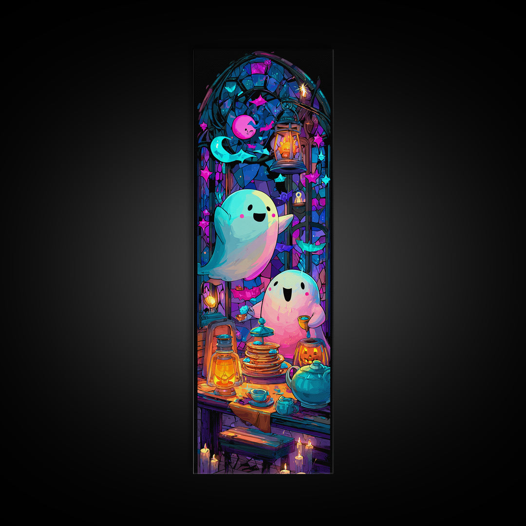The Ghost Family Breakfast, Vaporwave Halloween Decor, Tall Narrow Wall Art, Canvas Print, Retro Halloween Decor, Neon Wall Art