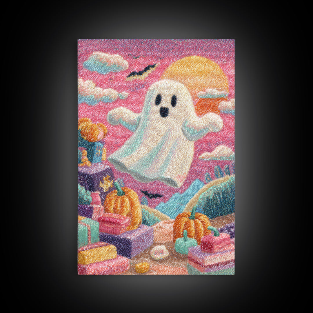 The Ghost Daycare, Retro Neon Halloween Art, Vertical Wall Art, Canvas Print, Retro Halloween Decor, Neon Wall Art, Statement Wall Art