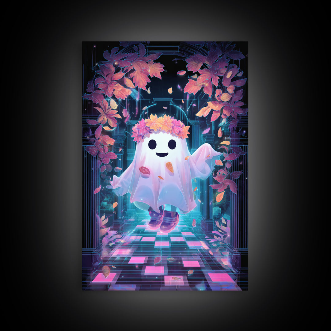 The Ghost With A Flower Crown, Retro Neon Halloween Art, Vertical Wall Art, Framed Canvas Print, Retro Halloween Decor, Neon Wall Art